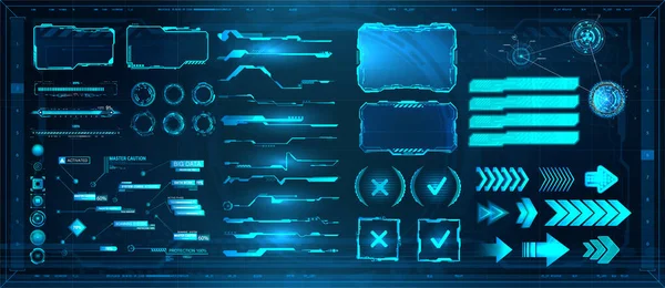 Sci-fi елементи цифрового інтерфейсу HUD для гри, UI, UX, KIT. Futuristic User Interface, frame screen, Callouts titles, FUI circle set, Loading bar, Lines and Arrows in HUD style. Колекція векторів — стоковий вектор