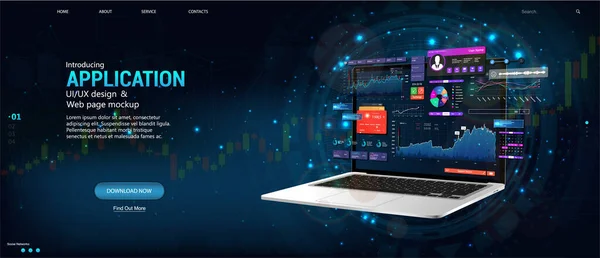 Banner web moderno. Dados de negócios e análise de investimento em laptop com interface UI painel. Web site e versão móvel. Banner isométrico com conceito de contabilidade orçamentária ou estatística. Vetor —  Vetores de Stock