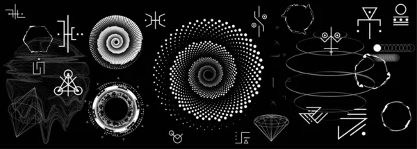 Φαντασία αφηρημένα σχήματα σε minimal στυλ. Φουτουριστικά στοιχεία και αστρονομικά σώματα, εξωγήινα σημεία, αλχημικά αινιγματικά σύμβολα, τρισδιάστατα αντικείμενα και φουτουριστικά σχήματα. Set of neo memphis. Σύνολο διανύσματος — Διανυσματικό Αρχείο