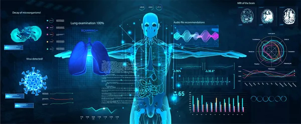 Sci-fi Egészségügyi vizsgálat HUD stílus. Teljes letapogatás az emberi testről és minden szervről, Hi-tech röntgen. Vírusok és fertőzések azonosítása mesterséges intelligenciával. HUD illusztráció orvosi kutatás. Orvosi alkalmazásra szánt UI — Stock Vector