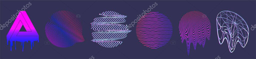Retrofuturism shapes, circle and spheres elements with glitch and liquid effect. Abstract design forms, Illuminated holographic in 80s-90s. Vaporwave, synthwave.. Vector illustration