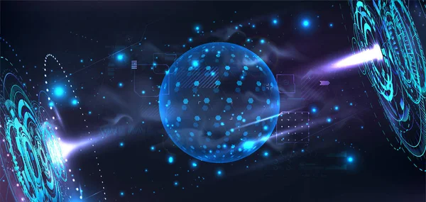 Futuristiskt labb med hologram och en 3D bubbelskärm för att presentera din produkt i futuristisk cyberspace bakgrund. Mall blank kupol eller sfär med HUD-gränssnitt. Omslag i cyberpunk stil. Vektor — Stock vektor