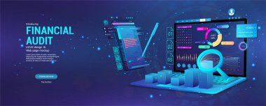 Mali denetim web sayfası afişi. Modern mali yönetim. İş vergisi raporu, grafik ve çizelgeli dizüstü bilgisayar, belgeler. Mali denetim, iş hesapları vergi raporu. Vektör Bayrağı