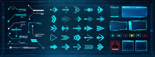 Futuristic User Elements set. HUD llama a los títulos, Flechas y pantallas de marco. Conjunto de elementos digitales GUI, HUD e UI. Etiquetas de barras de llamada, placas de alta tecnología y hologramas. plantilla de cuadros de información digital. Vector — Vector de stock