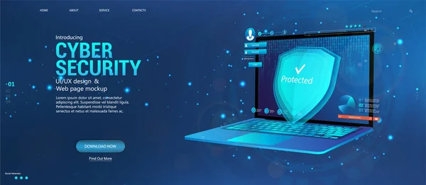 Skydda alla personuppgifter på din dator. Cyber security koncept banner med bärbar dator och säkerhetselement, datakryptering, verifiering, programvara. Begreppet dataskydd och dataskydd — Stock vektor