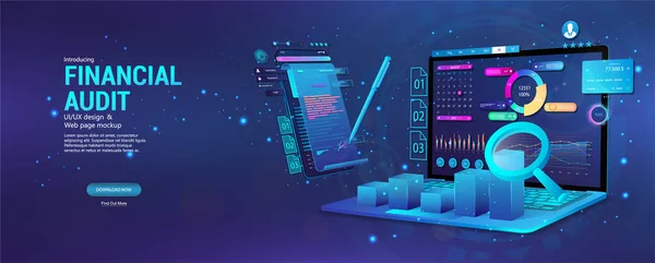 Mali denetim web sayfası afişi. Modern mali yönetim. İş vergisi raporu, grafik ve çizelgeli dizüstü bilgisayar, belgeler. Mali denetim, iş hesapları vergi raporu. Vektör Bayrağı