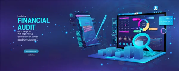 Webbplatsen för finansiell revision. Modern ekonomisk förvaltning. Företagsredovisning skatterapport, bärbar dator med grafik och diagram, dokument. Ekonomisk revision, rapport om skatt på företagskonton. Vektorbanderoll — Stock vektor