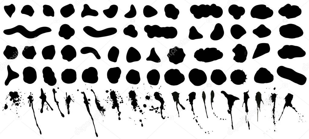 Random shapes, black bloods and splashes of irregular shape. Abstract organic silhouettes - inkblot, liquid amorphous splodges, simple inkblot and pebble silhouettes. Vector set minimal bubble stone