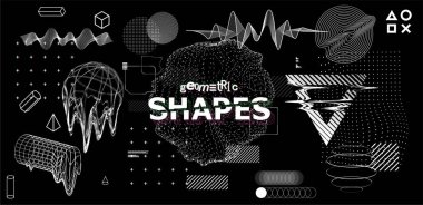 Geometrik şekilleri ve kompozisyonu olan arızalı üretken sanat. Soyut elementler hatalı koleksiyon. Bilimkurgu elementleri siber punk konsepti. Retrofuturizm, buhar dalgası VR şekilleri ayarlandı. Vektör illüstrasyonu