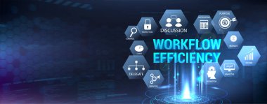Horizontal banner workflow efficiency with icons set and aspects. Hologram with 3D workflow inscription. Web banner. Processes, automation, interaction, good working conditions and other aspects. clipart