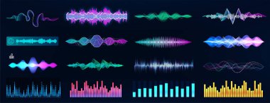 Ses dalgaları ve ses kayıtları koleksiyonu. Fütürist Frekans ses dalgası ve müzik dalgası. Ses ve ses tanıma sistemi yüksek çözünürlükte. Grafiksel ses dalgaları, dengeleyici ve akış müziği. Vektör