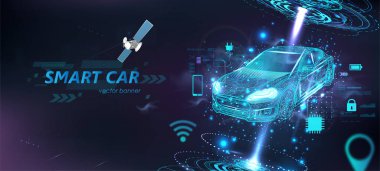 Çokgen tarzda, HUD arayüzü ve simgeleri olan gelecekçi elektrikli akıllı araba. Hologram akıllı otomobil düşük polimerli hatta. Akıllı otomobil afişi. Sanal grafik arayüz HUD. Vektör
