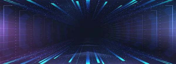 Velocità di movimento sfondo con effetti di luce e bagliore. Design futuristico VR cyberspazio con luci e riflessi. Sfondo astratto velocità. illustrazione vettoriale realtà virtuale — Vettoriale Stock