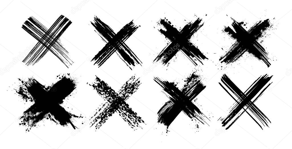 X black mark collection. Eight very detailed and different crosses. Cross sign from brush strokes. Grunge set X. Hand drawn crossed brush strokes. Vector set.