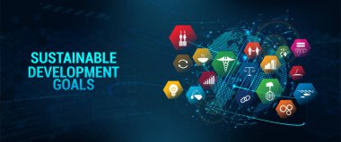 Web pankartı SDG - Sürdürülebilir Kalkınma Hedefleri. Fütüristik sancak uzun vadeli proje 3 boyutlu Dünya Küresi ve 17 renkli ikona sahip Birleşmiş Milletler. Sürdürülebilir Kalkınma Hedefleri. Vektör