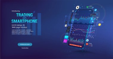Telefonda kripto para ticareti uygulaması. Şablon ticaret platformu, web sayfası konsepti. UI ile akıllı telefon uygulaması, çevrimiçi istatistik, veri analizi ve finans. Eğilimler ve finansal stratejiler. Vektör