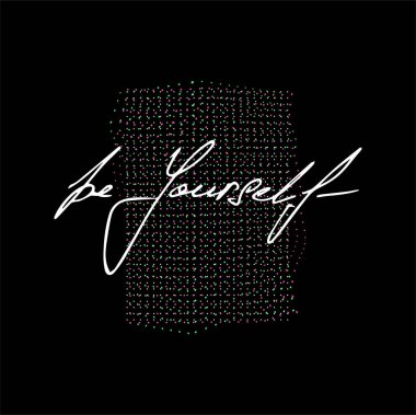 Soyut şekiller ve siyah arkaplanlarla kendin ol. Derin anlamı olan tişört baskısı. Memphis elementlerinde sloganlı buhar dalgası. Kendin ol. Ürün, giysi ve tişört için tipografi baskısı. Vektör