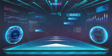 Siber uzay sanal ve gelişmiş gerçeklik HUD tarzında. Baş Ekran Tasarımı. VR 'nin Volumetrik uzayı ve HUD biçiminde baş-yukarı görüntü tasarımı. VR Cockpit Car, fütüristik ulaşım, uzay gemisi. Vektör