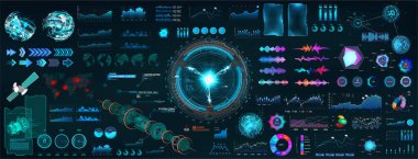 UI, UX ve GUI tasarımı için HUD arayüz kutuları. Sky-fi koleksiyonu şekilleri ve yüksek teknoloji elementleri - grafikler, bilgi grafikleri, çember teknoloji elemanları HUD, ses dalgası, 3D elementler ve diğerleri. Vektör
