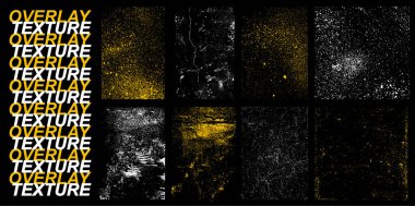 Ayrıntılı koleksiyon dokuyu efektlerle örtüyor - hasar, eski, çatlak, tahıl, kirli beton ve diğer şeyler. Damla mürekkebi ve yarım tonluk pulu olan farklı bir pul. Vektör kaplama etkisi klasiği