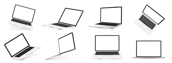 Mockups 3D open laptops. Geweldige collectie 3D realistische notebooks voor online presentaties. Laptops in verschillende hoeken, posities met blanco scherm. Isometrische, frontale, bovenaanzicht, perspectief. Vector — Stockvector