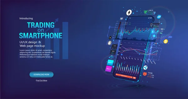 App for trading cryptocurrency on the phone. Template trading platform, web page concept. Smartphone App with UI, online statistic, data analytics and finance. Trends and financial strategy. Vector — Stock Vector