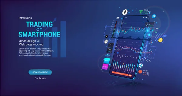 Aplicación para el comercio de criptomoneda en el teléfono. Plataforma de negociación de plantillas, concepto de página web. Aplicación Smartphone con interfaz de usuario, estadística en línea, análisis de datos y finanzas. Tendencias y estrategia financiera. Vector — Vector de stock