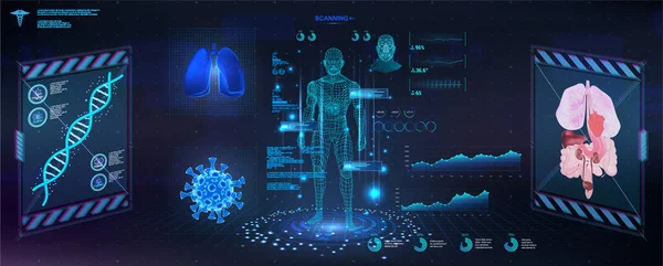 Futuristisk undersökning av människokroppen med ett HUD-gränssnitt. Modern sjukvård Forskning av människors hälsa, polygonal hologram människokropp röntgen. GUI, UI, HUD för medicin app. Kroppsskanning. Vektor — Stock vektor