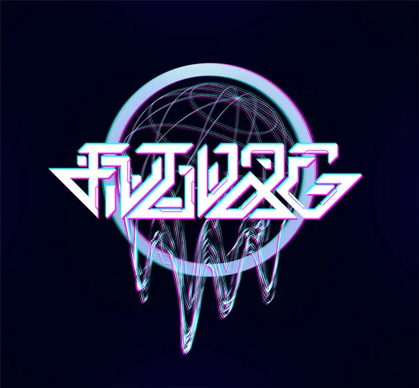 The inscription Future on the background of 3D contour of the Earth Globe with the effect of liquid and glitch. Vector design for merch, t shirt print, apparel shapes, poster, logo and other. Vector Royalty Free Stock Vectors