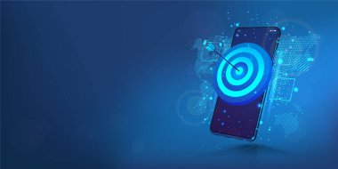 Akıllı telefon ekranında hedef dartı. Başarı kavramı, hedeflere ulaşmak ve bir şirket, girişim veya mobil uygulamanın yönelimi ve gelişimi. İş hedefi, başarı, doğruluk konsepti. Vektör