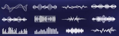 Özel ses dalgaları seti. Frekans ses dalgası, tek renk müzik dalgası, hatırlaması kolay. Akort eşitleyici vektör seti. HUD 'da gelecek ses dalgaları. Ses grafiği sinyali. Ses dalgaları ritmi. Vektör
