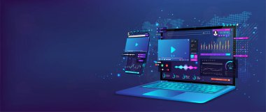 Dizüstü bilgisayar ve gösterge paneli açık akıllı telefon. Çevrimiçi uzaktan çalışma konsepti. Evde çalış. Çevrimiçi konferans, istatistik ve analiz, ev işleri yönetimi. İş iletişimi. Vektör illüstrasyonu