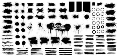 Kirli Doku Grunge koleksiyonu. Vektör spreyi graffitisi, fırça darbesi, iyi özen, şablon dokusu, mürekkep fırçası darbesi, çizgiler, damlalar ve diğer grunge elementleri. Dekorasyon kirli koleksiyonu. Vektör