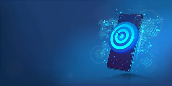 Anak panah target pada tampilan smartphone. Konsep sukses, mencapai tujuan dan arah dan pengembangan perusahaan, startup atau mobile App. Target bisnis, sukses, konsep akurasi. Vektor - Stok Vektor