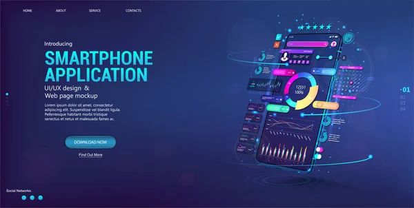 Webový banner Business App s chytrým telefonem v pozici perspektivy. Finanční analýza a statistika údajů. Prezentace koncepce App, UI, UX design, schopnosti. Obchodování a burzovní forex. Vektor — Stockový vektor