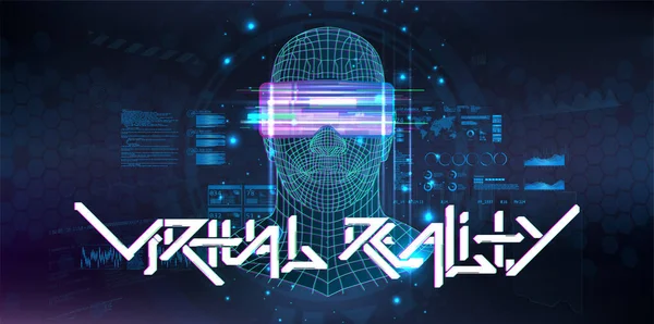 Virtueller virtueller Cyberspace mit menschlichem oder künstlichem Hologramm. 3D Polygon Kopf eines Mannes mit Virtual-Reality-Brille mit HUD, GUI-Schnittstelle. Futuristische Banner VR mit Schriftzug. Blaue Vektorabbildung — Stockvektor