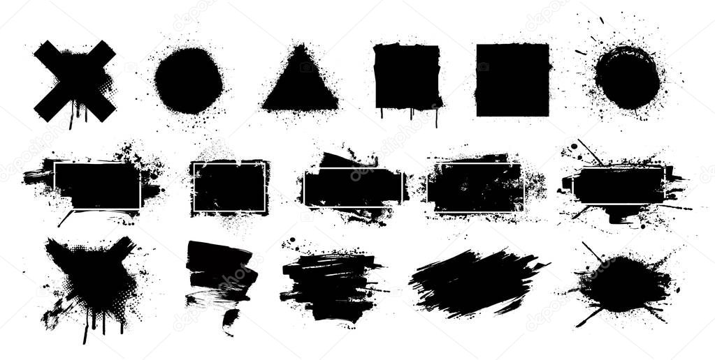 Black grunge splashes stencil with frame. Graffiti spray paint, different shapes. Dirty artistic design elements with frame for text. Grunge box with ink brush strokes and spray splash. Vector set