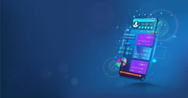 Bankacılık uygulaması 3 boyutlu akıllı telefon perspektifinde. Çevrimiçi banka hesabın, para yönetimi ve ödemen. Nakil ücreti, kredi kartıyla online ödeme güvenlik işlemi. Vektör illüstrasyon uygulaması