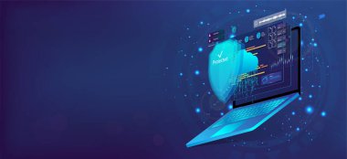 Kalkanlı dizüstü bilgisayar, Siber Güvenlik konsepti. 3 boyutlu dizüstü bilgisayar ve bulut verileri koruma altında. Siber güvenlik, antivirüs, şifreleme, veri koruması. Yazılım geliştirme. Güvenlik internet teknolojisi