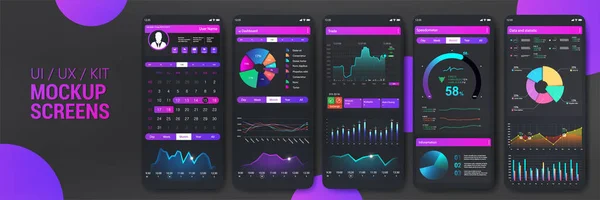 Gradient mobile application mockup. UI, UX, KIT smartphones app screens design. Modern infographic, pie charts, diagrams, workflow and chart graph in flat style. Mobile app template. Vector interface — Stock Vector