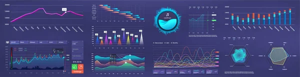 Futurustic UI dashboard elements - infografía, gráficos, gráficos circulares, flujo de trabajo, diagramas de visualización para el sitio web, presentación o aplicación móvil. Panel de administración de gradiente ui con color neón. Conjunto de vectores — Archivo Imágenes Vectoriales