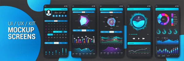 Krásná a jednoduchá mobilní aplikace s barvami gradientu. UI, UX, KIT Mockups Smartphone Obrazovky s infografií, koláčovými grafy, diagramy, informačními diagramy a dalšími analytickými informacemi. Mobilní aplikace Vector — Stockový vektor
