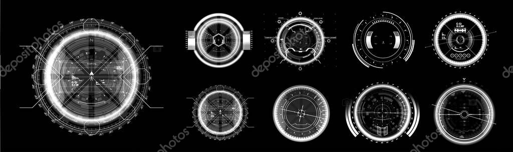 FUI black and white elements. Military crosshair in gun. HUD aim of sniper weapon or futuristic game target. UI, GUI virtual gadgets. Template - viewfinder, sniper score, optical aim HUD and other.