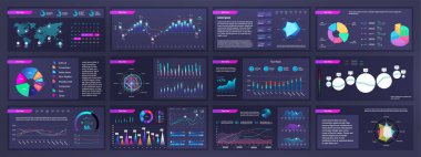 Infographic dashboard mockups with pie charts, information, diagrams and graphs. Presentation slides online statistics and data analytics. Template gradient UI, UX, info panels. Vector graphics set