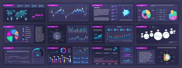 Infographic dashboard mockups with pie charts, information, diagrams and graphs. Presentation slides online statistics and data analytics. Template gradient UI, UX, info panels. Vector graphics set