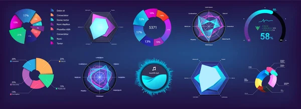 Modern Pie chart and circle infographic collection for Web, UI, UX, KIT and Mobile App. Futuristic colors infochart and Pie chart. Mockup for presentation and dashboard. Three-dimensional. Vector — Stock vektor