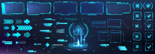 Futuristic frame border in HUD style for GUI, UI, UX and Web design. Callouts, arrows, labels, information call box bars, arrows and frame screen. Futuristic User Interface layout template. HUD set — Stock vektor