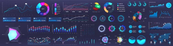 Infographie de tableau de bord, graphiques, graphiques et graphiques UI, UX, éléments KIT. Éléments d'infographie pour les statistiques en ligne et l'analyse de données. Tableau de bord modèle moderne. Panneau d'administration de la maquette. Infographie vectorielle — Image vectorielle