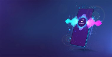 Akıllı telefondan ses asistanı. Ses dalgalı cep telefonu Mockup. Mikrofon ses kontrolü kavramı. Ses tanıma ve yapay zeka asistanı. Dalga akışlı cep telefonu, dengeleyici, ses kaydı. Vektör