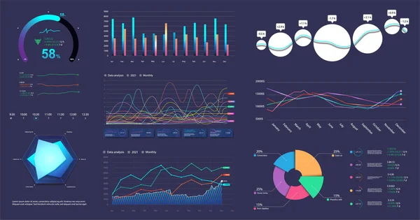 Сучасне інфографічне маркетингове представлення даних. Графічні, кругові інфографіки, діаграми, онлайн статистичні дані, аналітики даних та інші кольорові елементи для представлення, UI, UX, Web. Векторна графіка — стоковий вектор